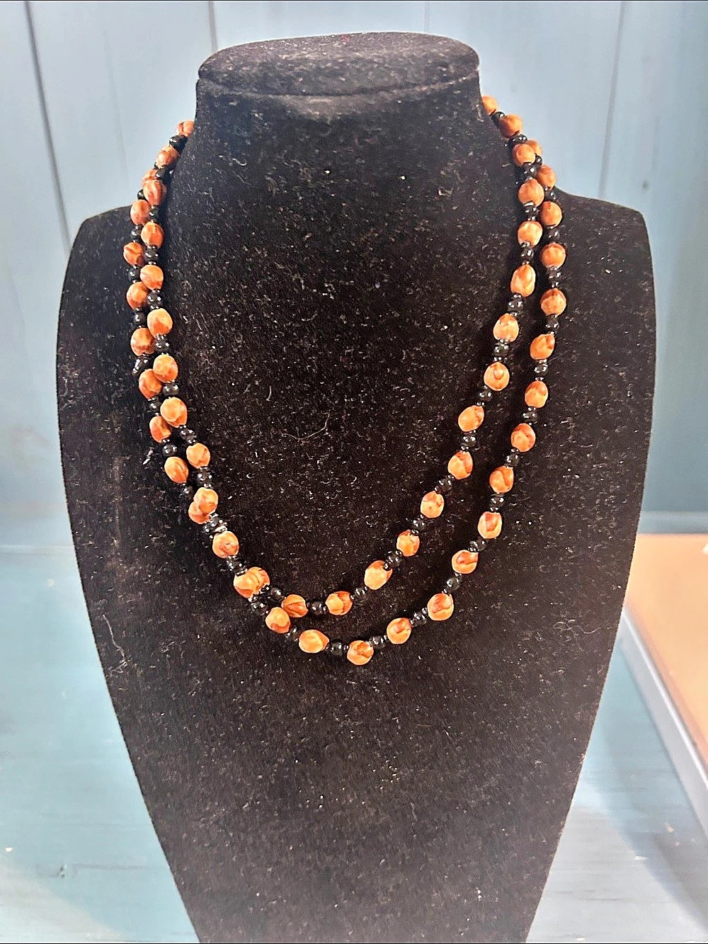 Vintage Orange & Black Beaded Necklace - Like New